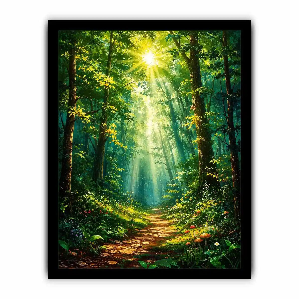 Luminous emerald forest path wall art with glowing sun rays and tranquil luxury nature landscape