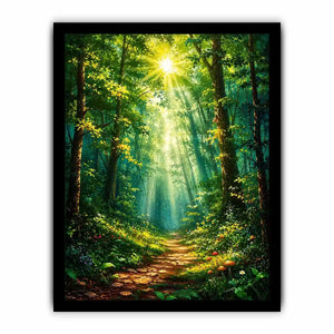 Luminous emerald forest path wall art with glowing sun rays and tranquil luxury nature landscape