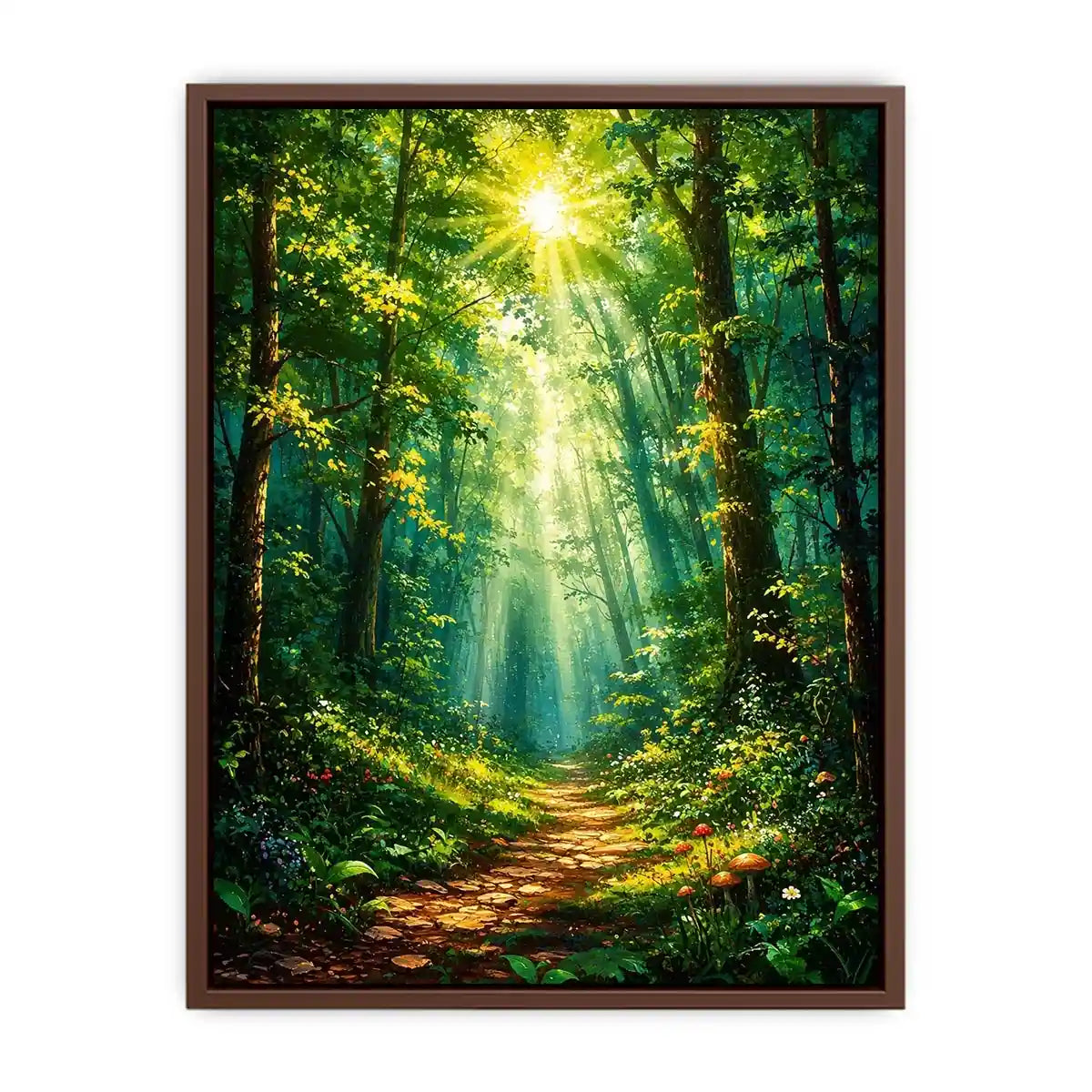Luminous emerald forest path wall art with glowing sun rays and tranquil luxury nature landscape
