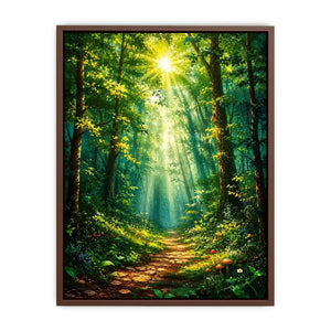 Luminous emerald forest path wall art with glowing sun rays and tranquil luxury nature landscape