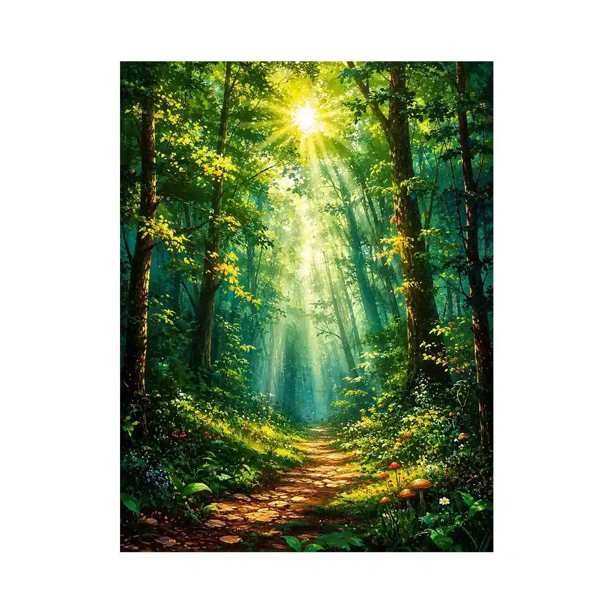 Luminous emerald forest path wall art with glowing sun rays and tranquil luxury nature landscape