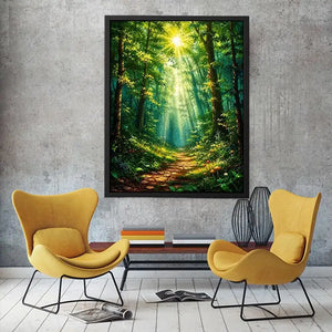 Luminous emerald forest path wall art with glowing sun rays and tranquil luxury nature landscape