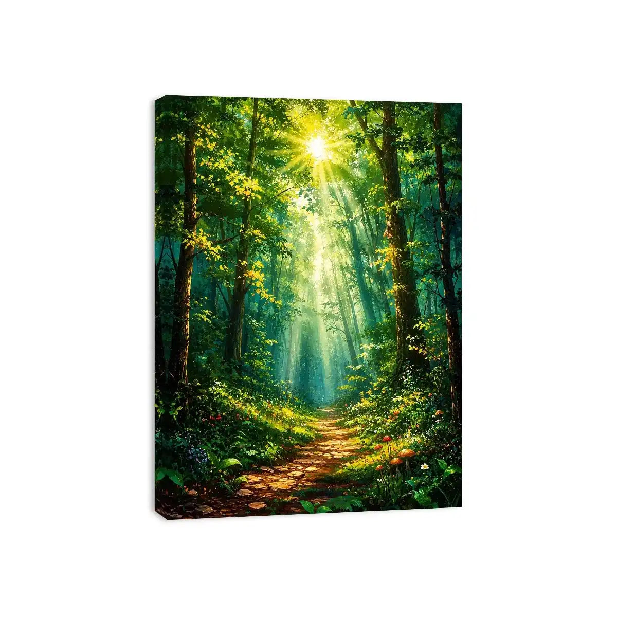 Luminous emerald forest path wall art with glowing sun rays and tranquil luxury nature landscape