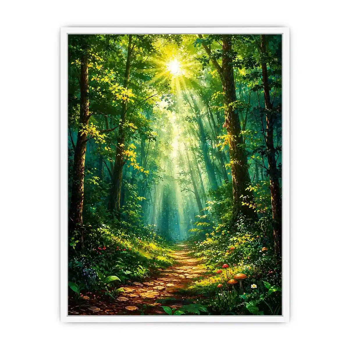 Luminous emerald forest path wall art with glowing sun rays and tranquil luxury nature landscape