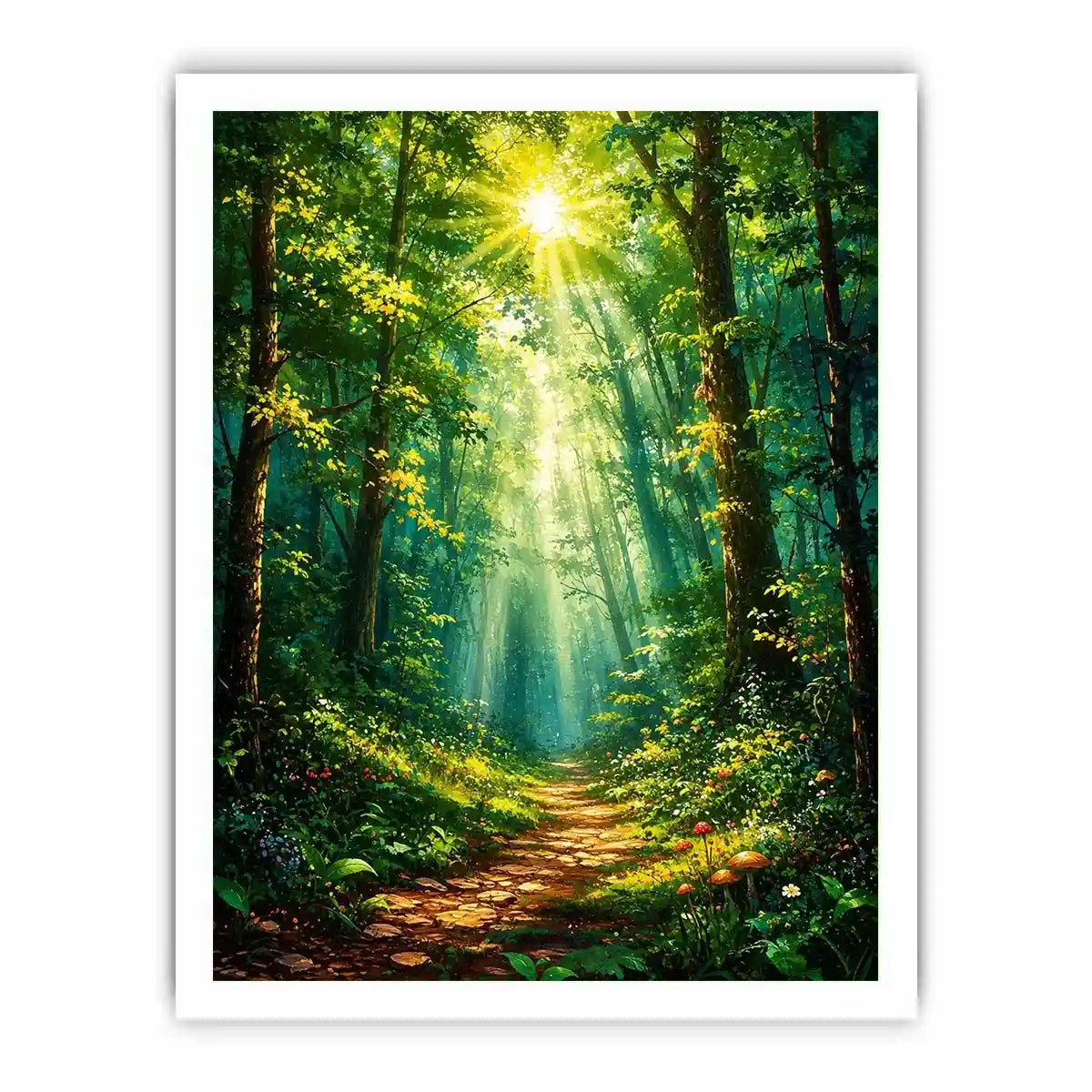 Luminous emerald forest path wall art with glowing sun rays and tranquil luxury nature landscape