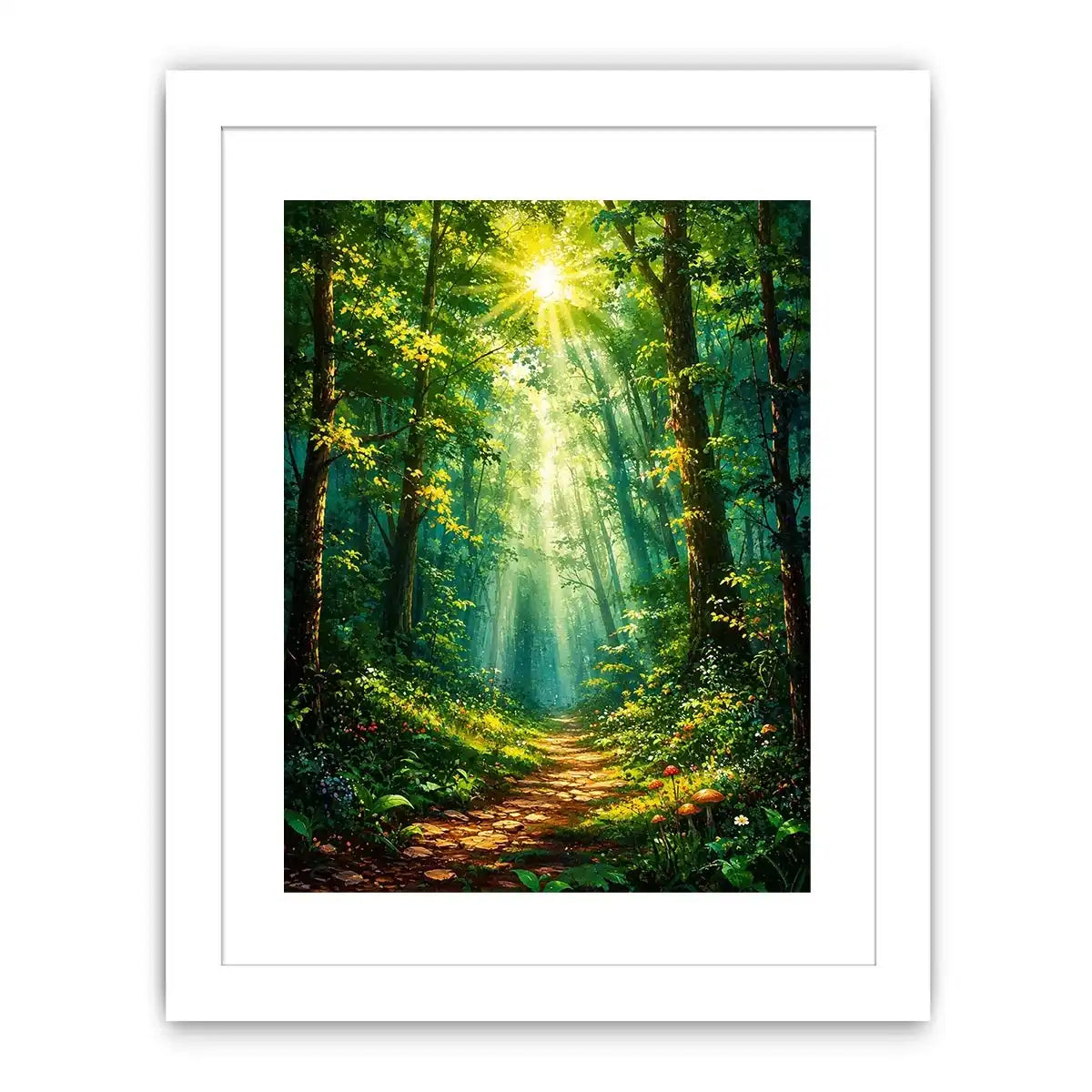 Luminous emerald forest path wall art with glowing sun rays and tranquil luxury nature landscape