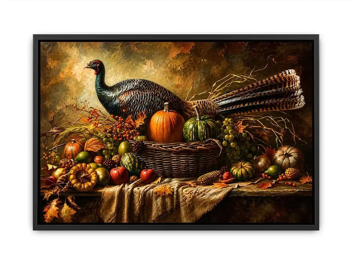 Autumn harvest still life painting with turkey, pumpkins, fruits, and rustic basket arrangement