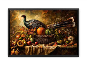 Autumn harvest still life painting with turkey, pumpkins, fruits, and rustic basket arrangement