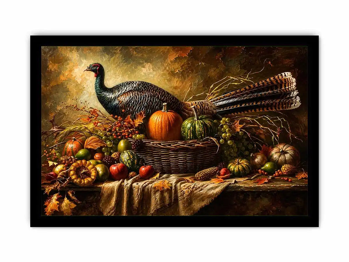 Autumn harvest still life painting with turkey, pumpkins, fruits, and rustic basket arrangement