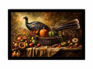 Autumn harvest still life painting with turkey, pumpkins, fruits, and rustic basket arrangement