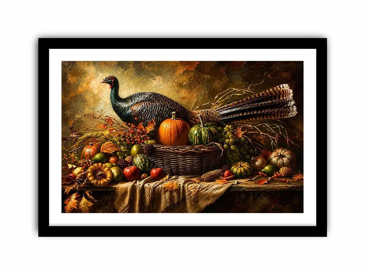 Autumn harvest still life painting with turkey, pumpkins, fruits, and rustic basket arrangement