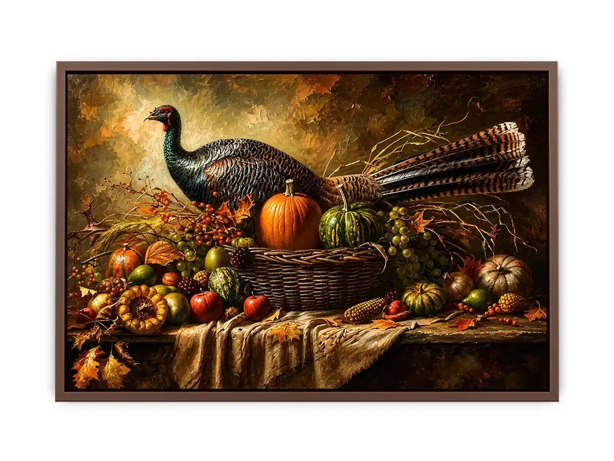 Autumn harvest still life painting with turkey, pumpkins, fruits, and rustic basket arrangement