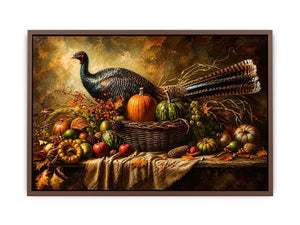 Autumn harvest still life painting with turkey, pumpkins, fruits, and rustic basket arrangement