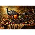 Autumn harvest still life painting with turkey, pumpkins, fruits, and rustic basket arrangement