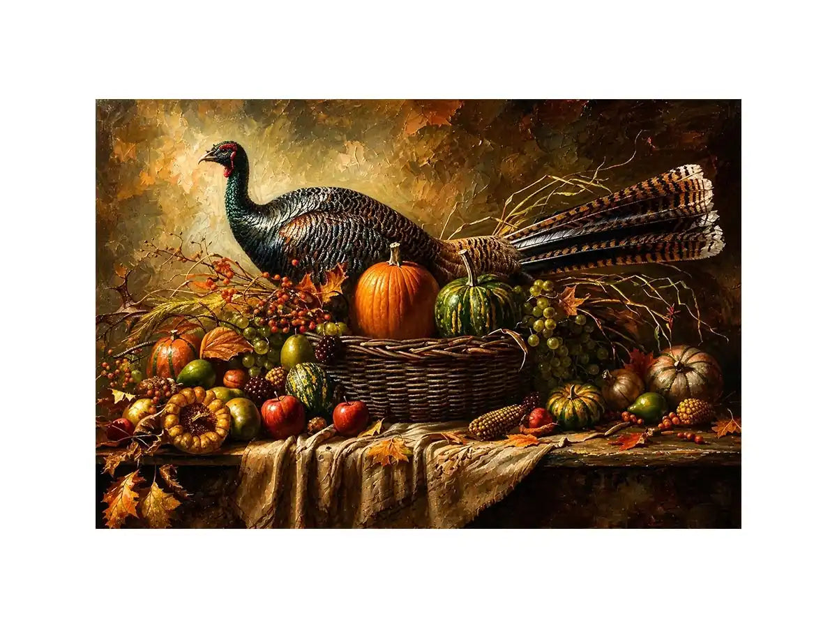 Autumn harvest still life painting with turkey, pumpkins, fruits, and rustic basket arrangement
