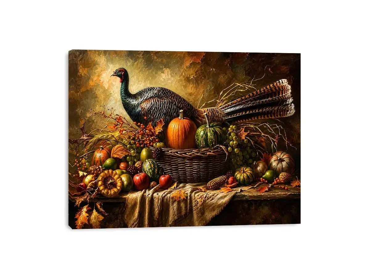 Autumn harvest still life painting with turkey, pumpkins, fruits, and rustic basket arrangement