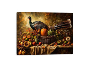 Autumn harvest still life painting with turkey, pumpkins, fruits, and rustic basket arrangement
