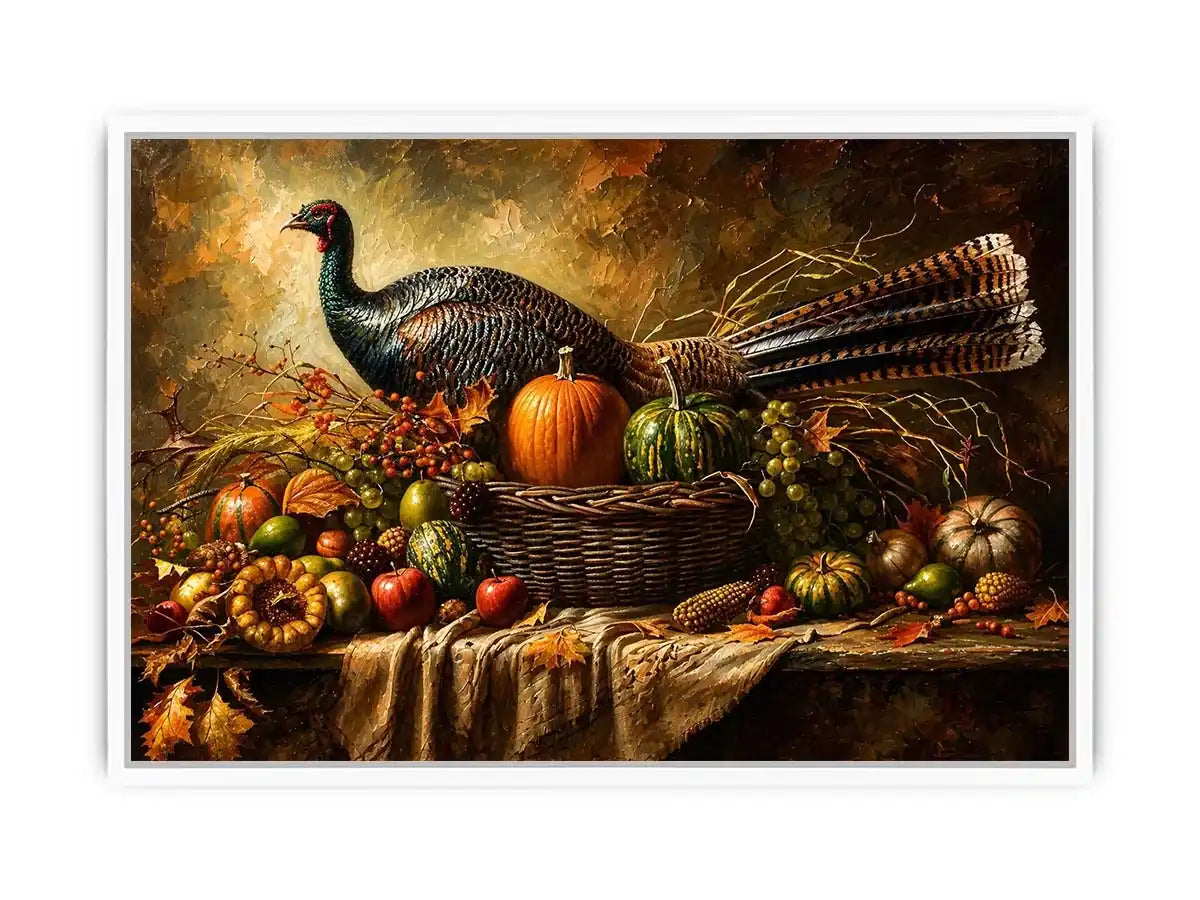 Autumn harvest still life painting with turkey, pumpkins, fruits, and rustic basket arrangement