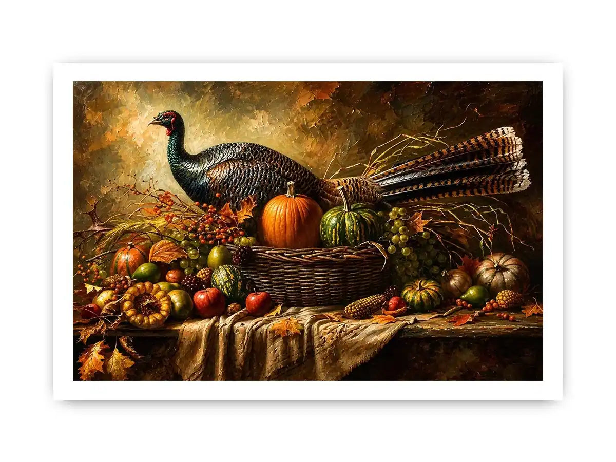 Autumn harvest still life painting with turkey, pumpkins, fruits, and rustic basket arrangement