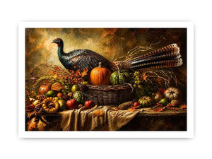 Autumn harvest still life painting with turkey, pumpkins, fruits, and rustic basket arrangement