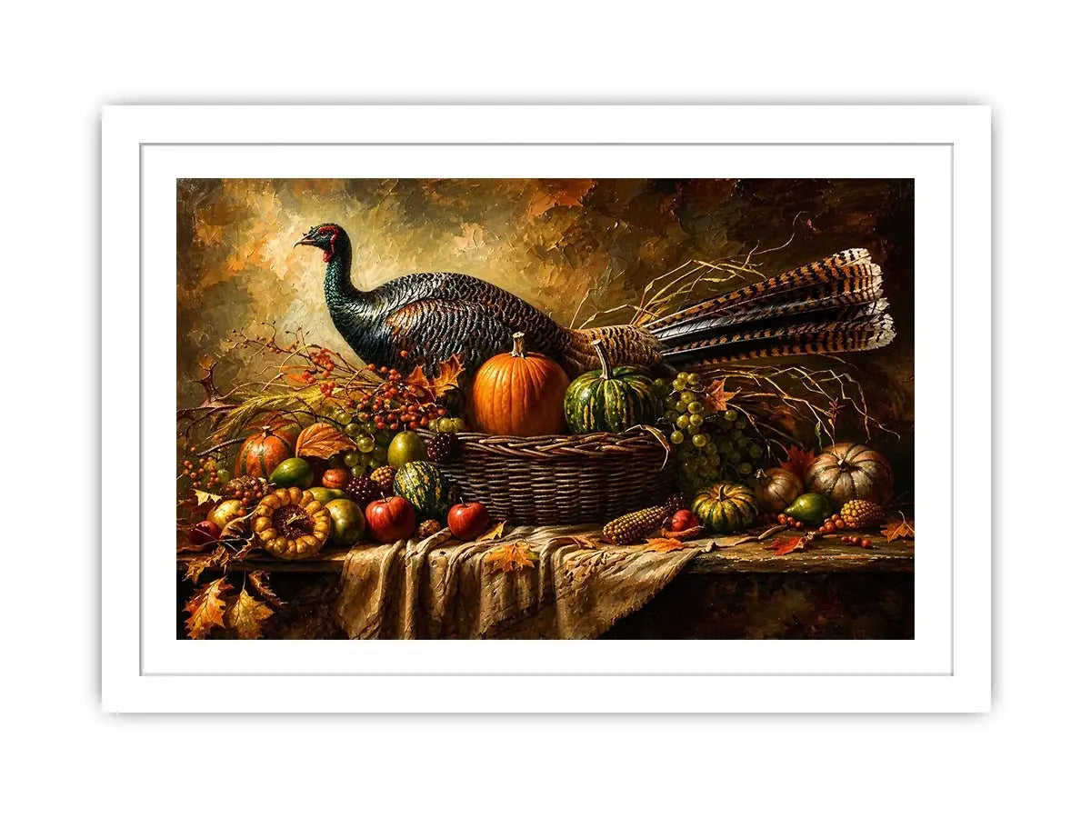 Autumn harvest still life painting with turkey, pumpkins, fruits, and rustic basket arrangement