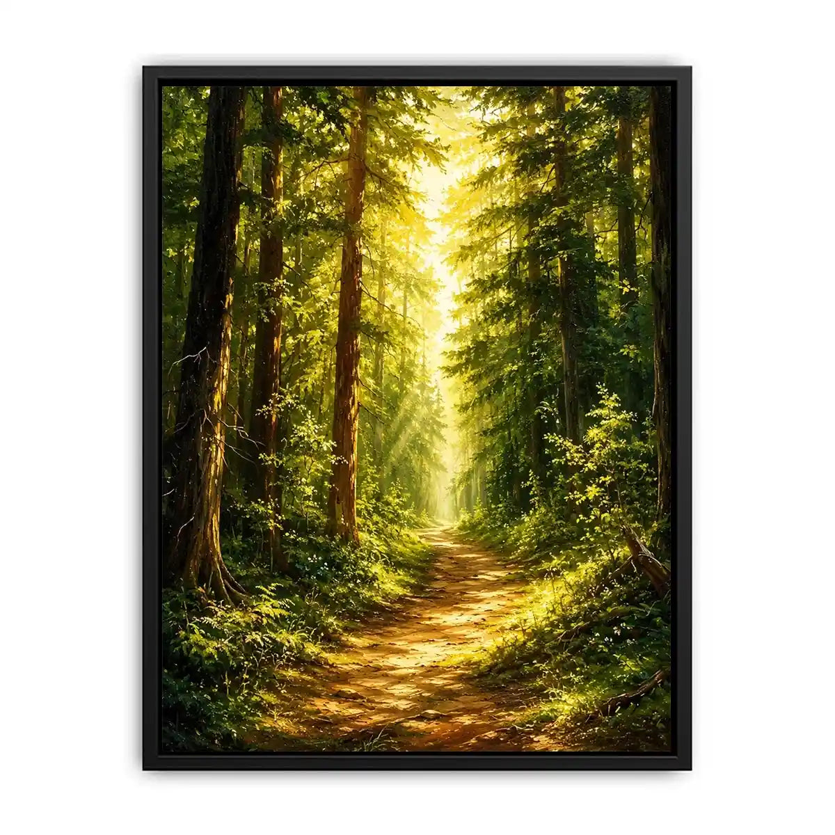 Sunlit forest pathway wall art with glowing woodland trees and peaceful green landscape scenery