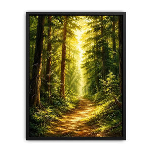Sunlit forest pathway wall art with glowing woodland trees and peaceful green landscape scenery