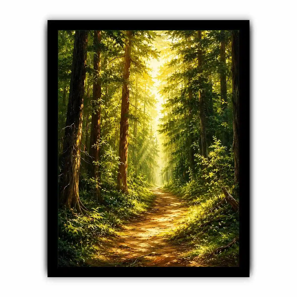 Sunlit forest pathway wall art with glowing woodland trees and peaceful green landscape scenery
