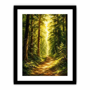Sunlit forest pathway wall art with glowing woodland trees and peaceful green landscape scenery