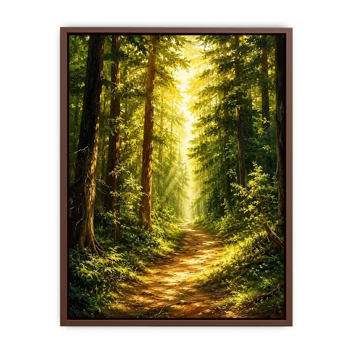 Sunlit forest pathway wall art with glowing woodland trees and peaceful green landscape scenery
