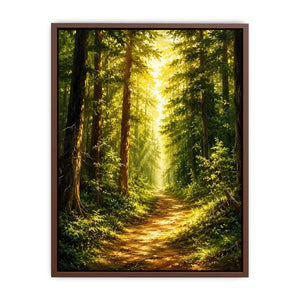 Sunlit forest pathway wall art with glowing woodland trees and peaceful green landscape scenery