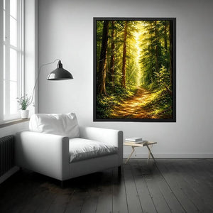 Sunlit forest pathway wall art with glowing woodland trees and peaceful green landscape scenery