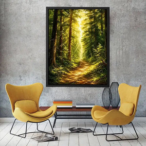 Sunlit forest pathway wall art with glowing woodland trees and peaceful green landscape scenery