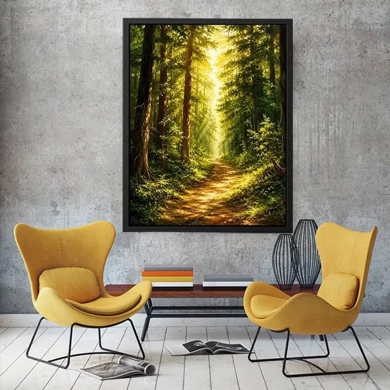 Sunlit forest pathway wall art with glowing woodland trees and peaceful green landscape scenery