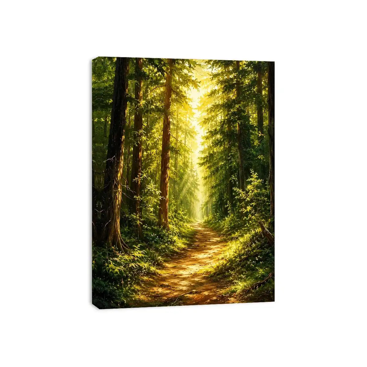 Sunlit forest pathway wall art with glowing woodland trees and peaceful green landscape scenery