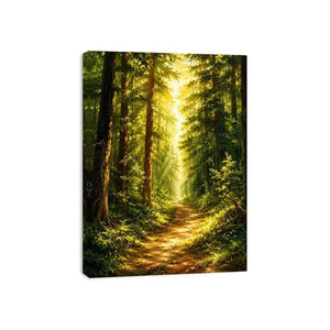 Sunlit forest pathway wall art with glowing woodland trees and peaceful green landscape scenery
