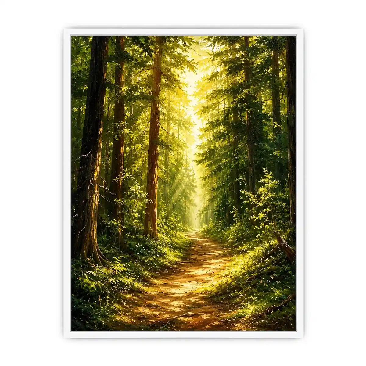 Sunlit forest pathway wall art with glowing woodland trees and peaceful green landscape scenery