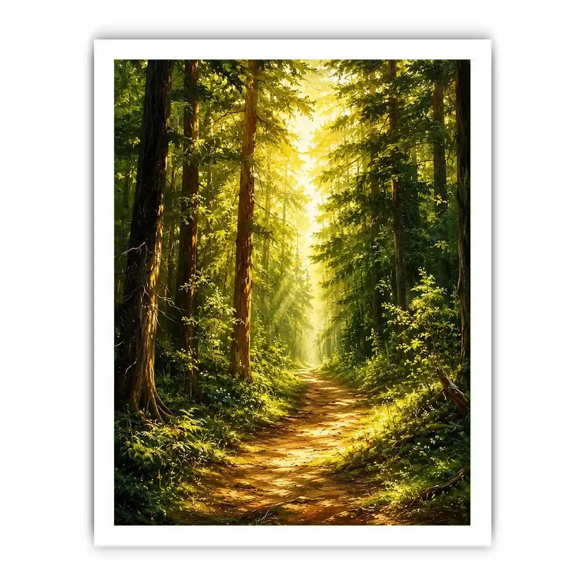 Sunlit forest pathway wall art with glowing woodland trees and peaceful green landscape scenery