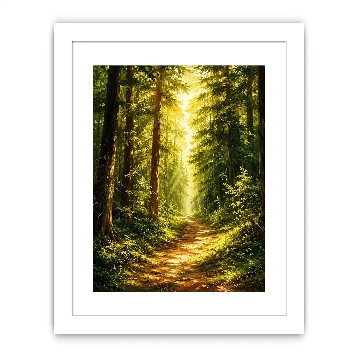 Sunlit forest pathway wall art with glowing woodland trees and peaceful green landscape scenery