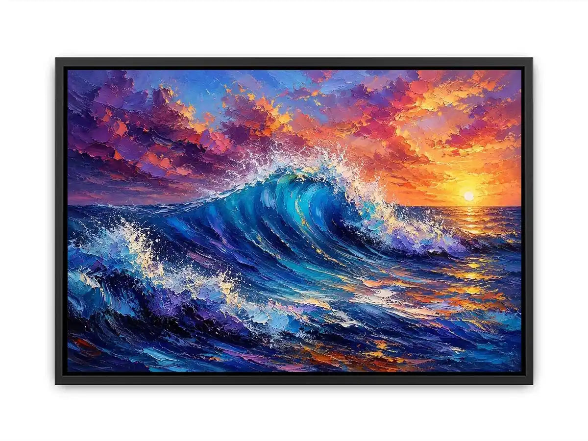 Abstract ocean wave wall art with vibrant blue sea and pastel sunset sky textures