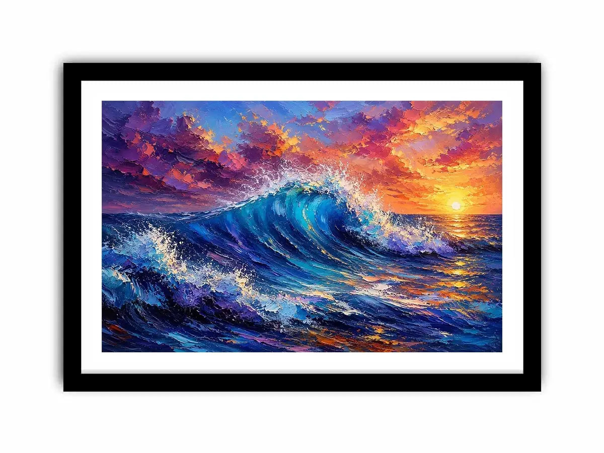 Abstract ocean wave wall art with vibrant blue sea and pastel sunset sky textures