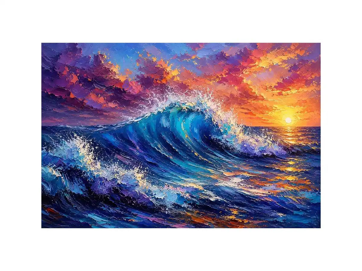 Abstract ocean wave wall art with vibrant blue sea and pastel sunset sky textures