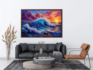 Abstract ocean wave wall art with vibrant blue sea and pastel sunset sky textures