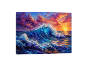 Abstract ocean wave wall art with vibrant blue sea and pastel sunset sky textures
