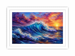 Abstract ocean wave wall art with vibrant blue sea and pastel sunset sky textures