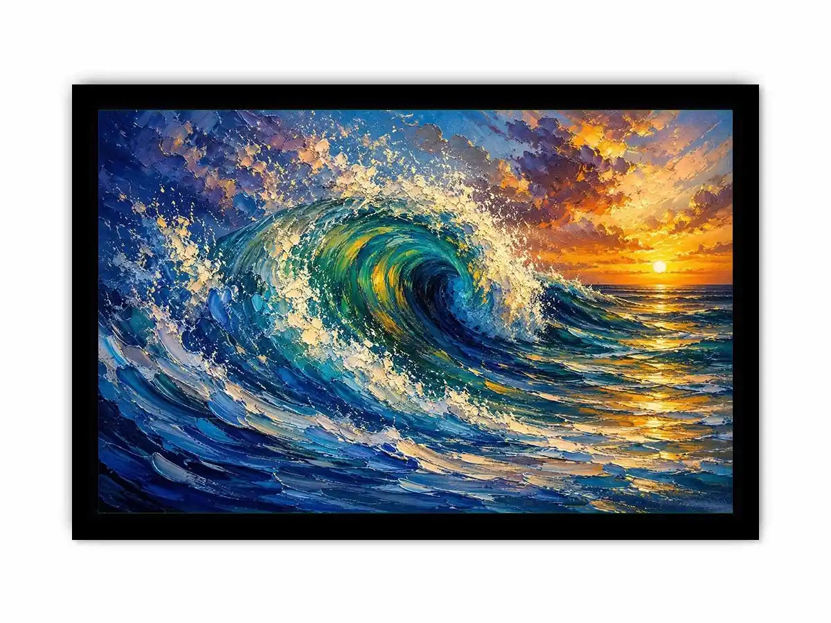 Abstract turquoise ocean wave wall art with dramatic sea motion and glowing sunset sky