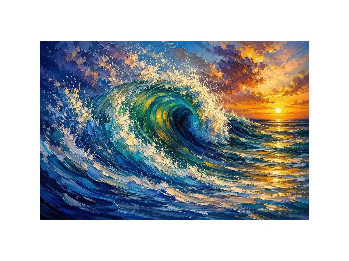 Abstract turquoise ocean wave wall art with dramatic sea motion and glowing sunset sky