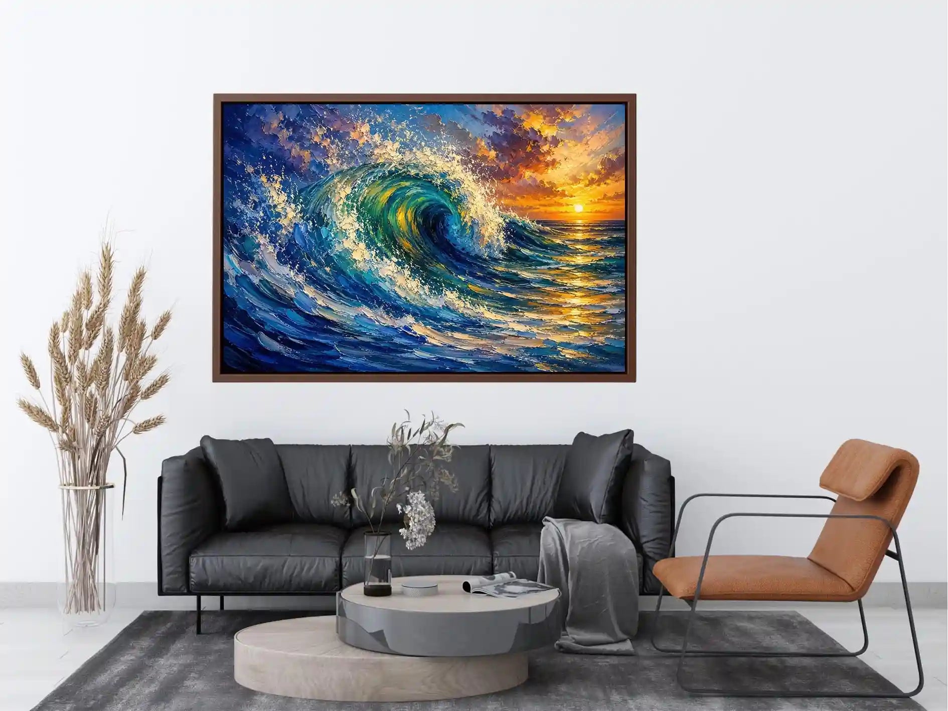 Abstract turquoise ocean wave wall art with dramatic sea motion and glowing sunset sky