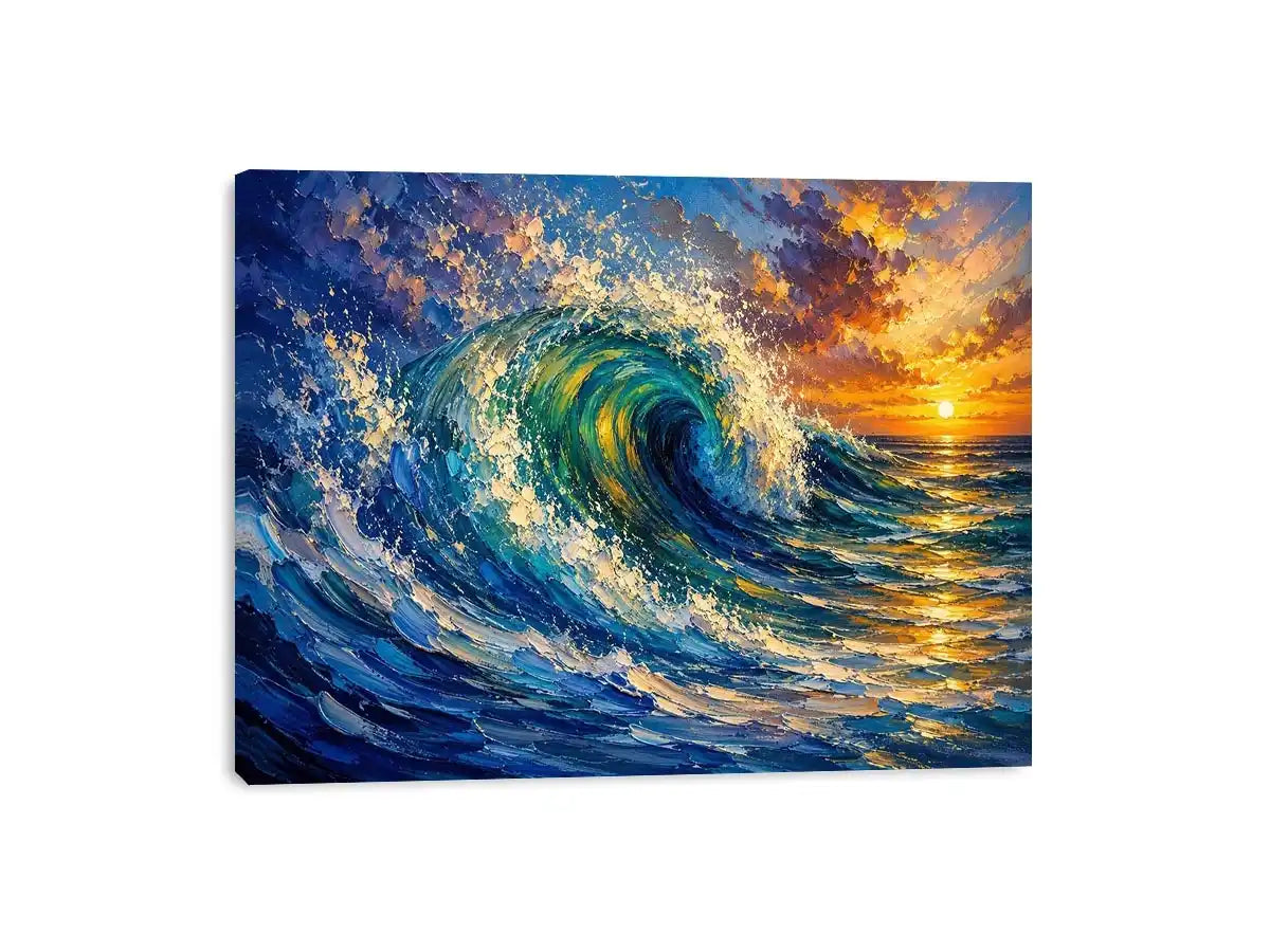 Abstract turquoise ocean wave wall art with dramatic sea motion and glowing sunset sky