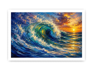 Abstract turquoise ocean wave wall art with dramatic sea motion and glowing sunset sky